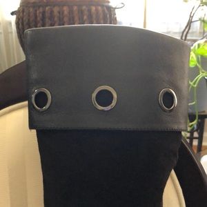 Black suede zipper boots with leather trim